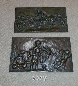 Pair Signed Antique French Bronze Sculpture Plaques w Cherubs Putti