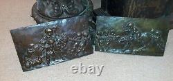 Pair Signed Antique French Bronze Sculpture Plaques w Cherubs Putti