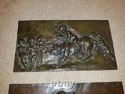 Pair Signed Antique French Bronze Sculpture Plaques w Cherubs Putti