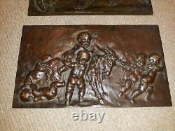 Pair Signed Antique French Bronze Sculpture Plaques w Cherubs Putti