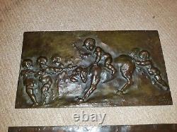 Pair Signed Antique French Bronze Sculpture Plaques w Cherubs Putti