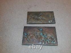 Pair Signed Antique French Bronze Sculpture Plaques w Cherubs Putti