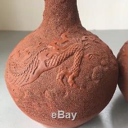 Pair Signed Antique Japanese or Chinese Tokoname Pottery Dragon Bottle Vases