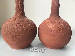 Pair Signed Antique Japanese or Chinese Tokoname Pottery Dragon Bottle Vases