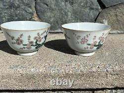 Pair Signed Chinese Famille Rose Cup Very Beautiful Peacock Pattern 19th Century