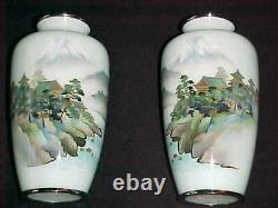 Pair Signed Japanese Silver-wire Wireless Cloisonne Enamel Copper Vases Mt. Fuji