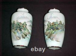 Pair Signed Japanese Silver-wire Wireless Cloisonne Enamel Copper Vases Mt. Fuji