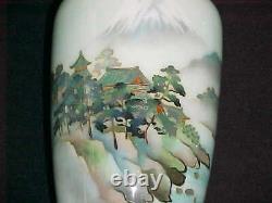 Pair Signed Japanese Silver-wire Wireless Cloisonne Enamel Copper Vases Mt. Fuji