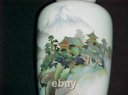 Pair Signed Japanese Silver-wire Wireless Cloisonne Enamel Copper Vases Mt. Fuji