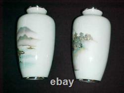 Pair Signed Japanese Silver-wire Wireless Cloisonne Enamel Copper Vases Mt. Fuji