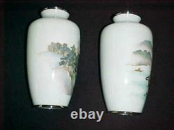 Pair Signed Japanese Silver-wire Wireless Cloisonne Enamel Copper Vases Mt. Fuji