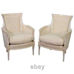 Pair Signed Maison Jansen White Painted Louis XVI Bergère Lounge Chairs C1940