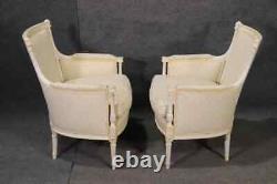 Pair Signed Maison Jansen White Painted Louis XVI Bergère Lounge Chairs C1940