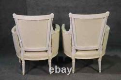 Pair Signed Maison Jansen White Painted Louis XVI Bergère Lounge Chairs C1940