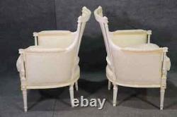 Pair Signed Maison Jansen White Painted Louis XVI Bergère Lounge Chairs C1940