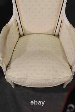 Pair Signed Maison Jansen White Painted Louis XVI Bergère Lounge Chairs C1940