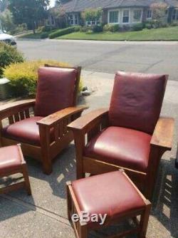 Pair Signed Numbered Gustav Stickley Leather Morris Chairs Reclining Footrest