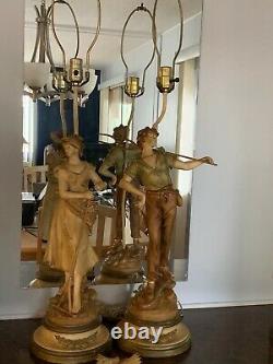 Pair Signed Stamped Antique French Lamps Farmhouse L & F Moreau Figural Spelter