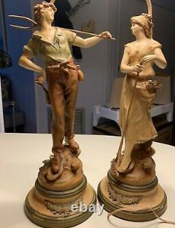 Pair Signed Stamped Antique French Lamps Farmhouse L & F Moreau Figural Spelter