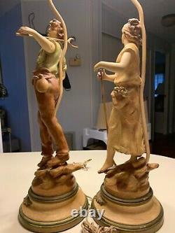 Pair Signed Stamped Antique French Lamps Farmhouse L & F Moreau Figural Spelter