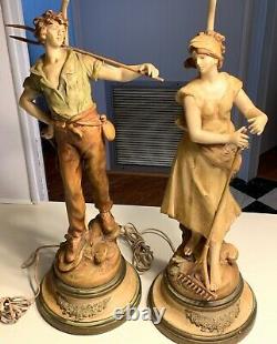 Pair Signed Stamped Antique French Lamps Farmhouse L & F Moreau Figural Spelter