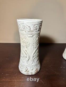 Pair Signed Weller Pottery Clinton Ivory Vases Antique ART NOUVEAU Elephants