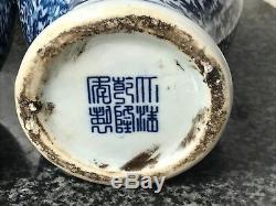 Pair Small Oriental 1930's Blue White Mandarin Porcelain Peony Vases Signed