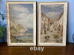 Pair Small Sweet Signed Antique Oil Paintings Of Devon In Matching Frames