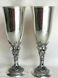 Pair Solid Sterling Silver 925 Wine Goblet Cups with Tag Signed 201 gr