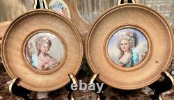 Pair VTG/Antique France Painted Portrait Lady Signed Convex Gold Frame Miniature