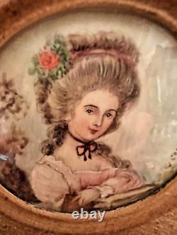 Pair VTG/Antique France Painted Portrait Lady Signed Convex Gold Frame Miniature