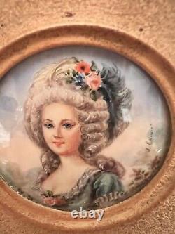 Pair VTG/Antique France Painted Portrait Lady Signed Convex Gold Frame Miniature