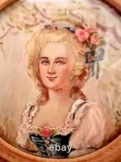 Pair VTG/Antique France Painted Portrait Lady Signed Convex Gold Frame Miniature