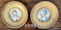 Pair VTG/Antique France Painted Portrait Lady Signed Convex Gold Frame Miniature