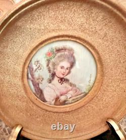 Pair VTG/Antique France Painted Portrait Lady Signed Convex Gold Frame Miniature