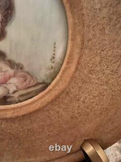 Pair VTG/Antique France Painted Portrait Lady Signed Convex Gold Frame Miniature