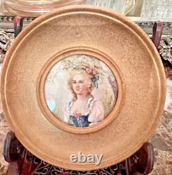 Pair VTG/Antique France Painted Portrait Lady Signed Convex Gold Frame Miniature