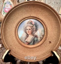 Pair VTG/Antique France Painted Portrait Lady Signed Convex Gold Frame Miniature