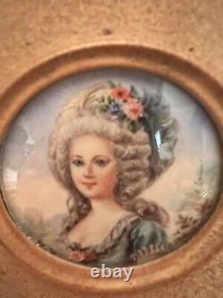 Pair VTG/Antique France Painted Portrait Lady Signed Convex Gold Frame Miniature