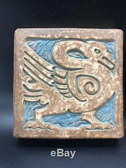 Pair VTG Batchelder California Bird Tile, Signed, 3 3/4 Square Pottery USA