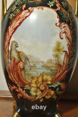 Pair Vase Antique Porcelain Limoges Bottom Green Decor Landscape Signed M