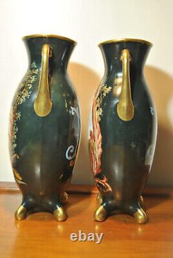 Pair Vase Antique Porcelain Limoges Bottom Green Decor Landscape Signed M
