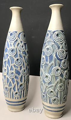 Pair Vases Art Deco sandstone Signed Condé Mougin Vintage Antique Contemporary