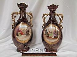 Pair Victoria Carlsbad Austria Artist Signed Double Handle Vases Urns 18