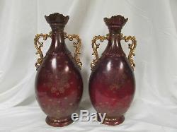 Pair Victoria Carlsbad Austria Artist Signed Double Handle Vases Urns 18
