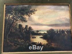 Pair Victorian Artwork Antique Castle Landscape Oil Paintings Signed J Russell