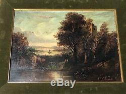 Pair Victorian Artwork Antique Castle Landscape Oil Paintings Signed J Russell