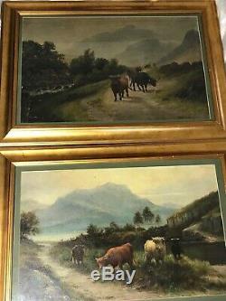 Pair Victorian Oil Paintings 19th Century Scottish Highlands Long Horn Cattle