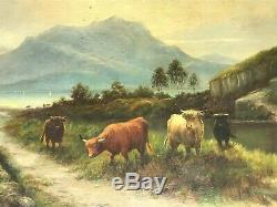 Pair Victorian Oil Paintings 19th Century Scottish Highlands Long Horn Cattle