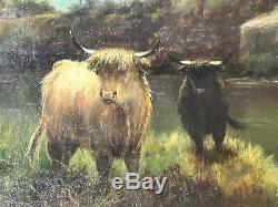 Pair Victorian Oil Paintings 19th Century Scottish Highlands Long Horn Cattle